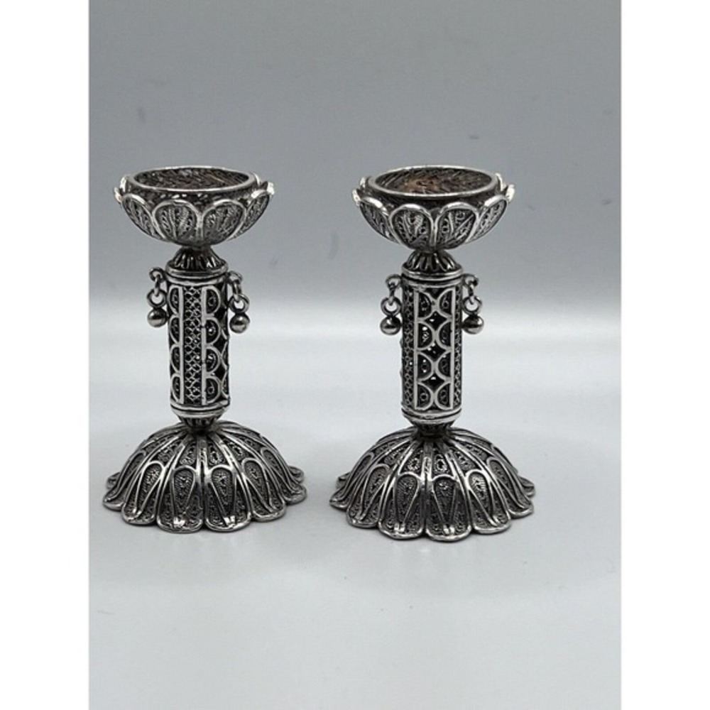 925 Handmade Sterling Silver‎ Shabbat Candlestick Filigree Artisan, Yemenite Art